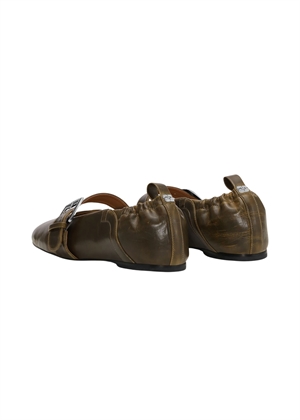 Butterfly strap crinkle oleatex ballerina Dark Olive S3118 Ganni 
